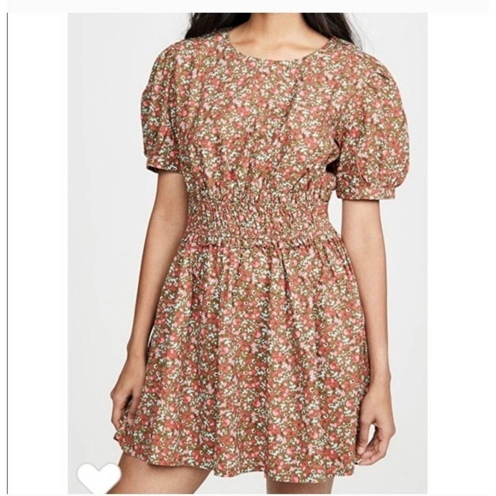 FREE PEOPLE Green Red Floral Pennie Puffed Sleeve Mini Dress Size Small S Womens